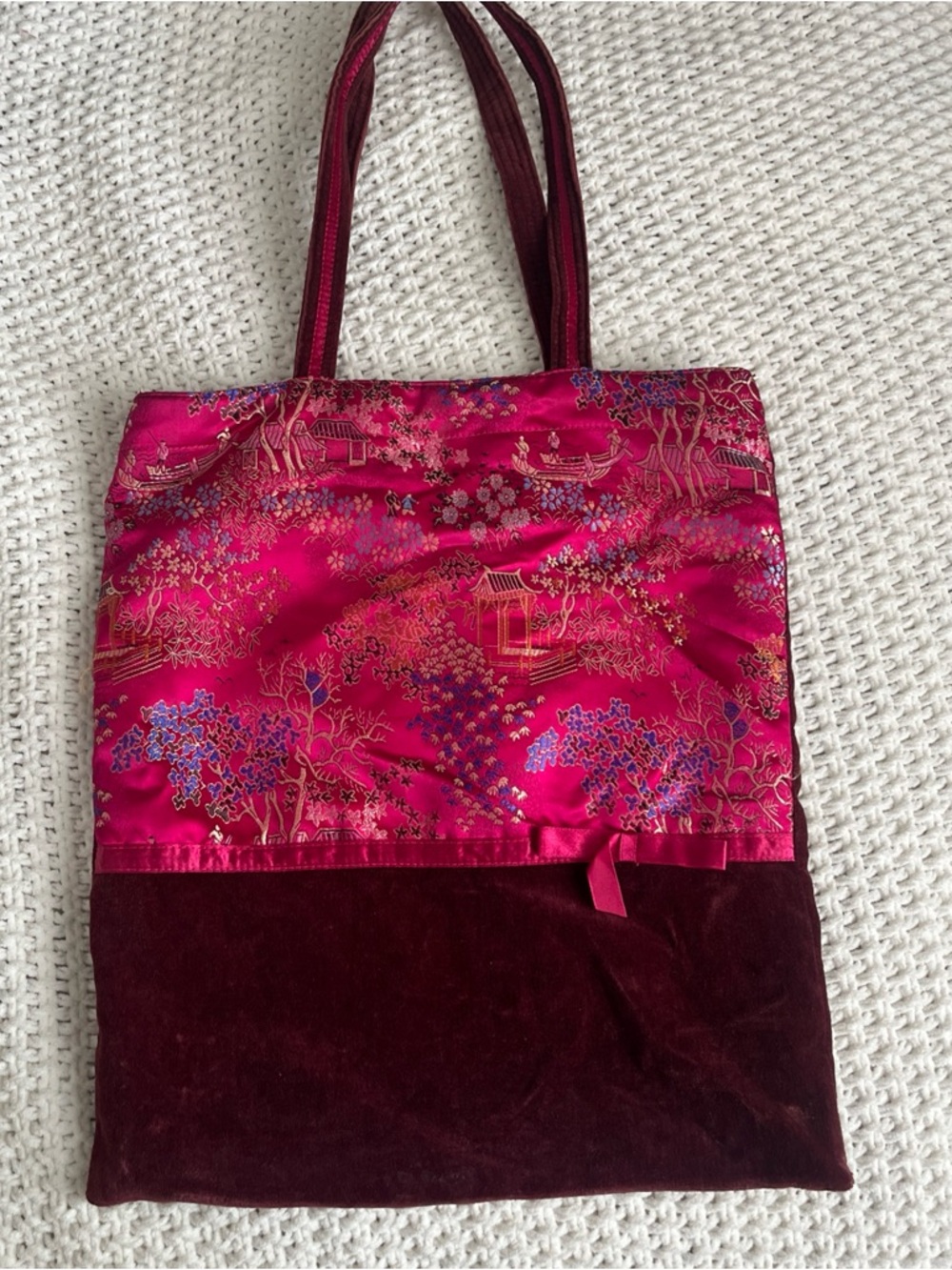 Old Navy Boho Bag Tote Pink Y2k Cotton Polyester Velvet Sateen Chinese Floral - Picture 1 of 16